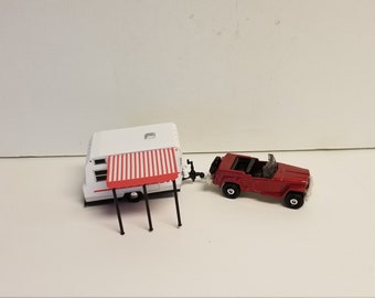 1948 Willy's Jeepster Towing a 1964 Winnebago Travel Trailer with Awning 1/64 Scale Model Car Set Memorabilia Vintage Camping Collectible