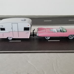 1959 Cadillac Convertible Towing A 1961 Shasta Travel Trailer 1/64 Scale Die Cast Metal Adult Collectible Model Car & Camper Trailer Set