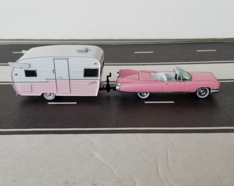 1959 Cadillac Convertible Towing A 1961 Shasta Travel Trailer 1/64 Scale Die Cast Metal Adult Collectible Model Car & Camper Trailer Set