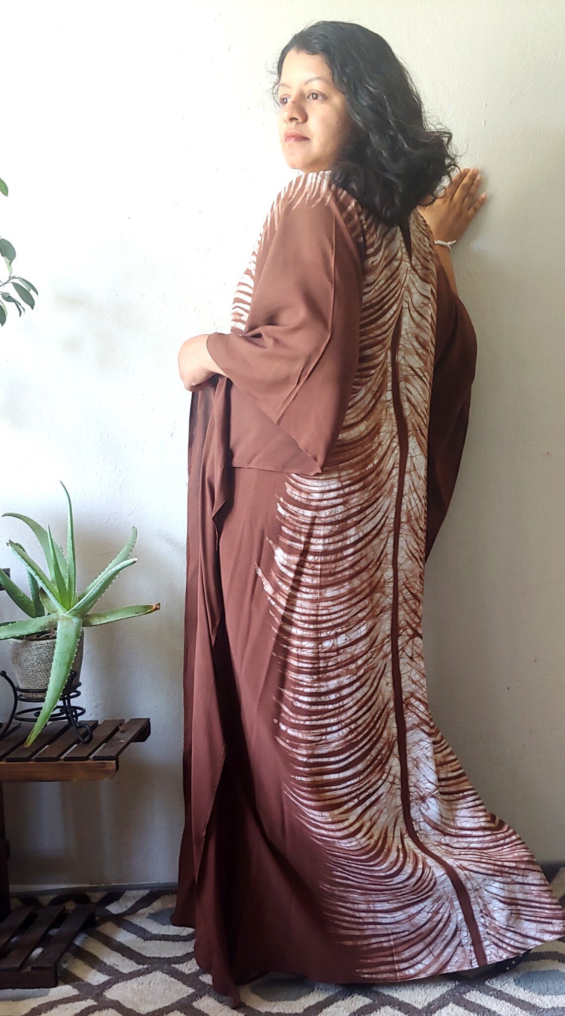 Brown - Ikat Weave Cotton Kaftan with Tie-Up Waist (Short) main image 1