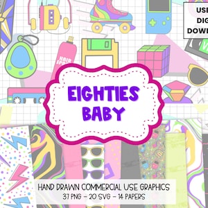80s Clipart, Eighties Nostalgia Svg, Retro, Neon, 80s Party, Commercial Use Graphics, Png Files for Sublimation, Hand Drawn, Svg Files