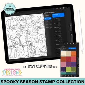 Peut inclure: Un écran de tablette numérique affiche une collection de 30 tampons au trait noir et blanc sur le thème d'Halloween, incluant des citrouilles, un fantôme, un crâne, une araignée et un chapeau de sorcière. Une palette de 20 couleurs est incluse.