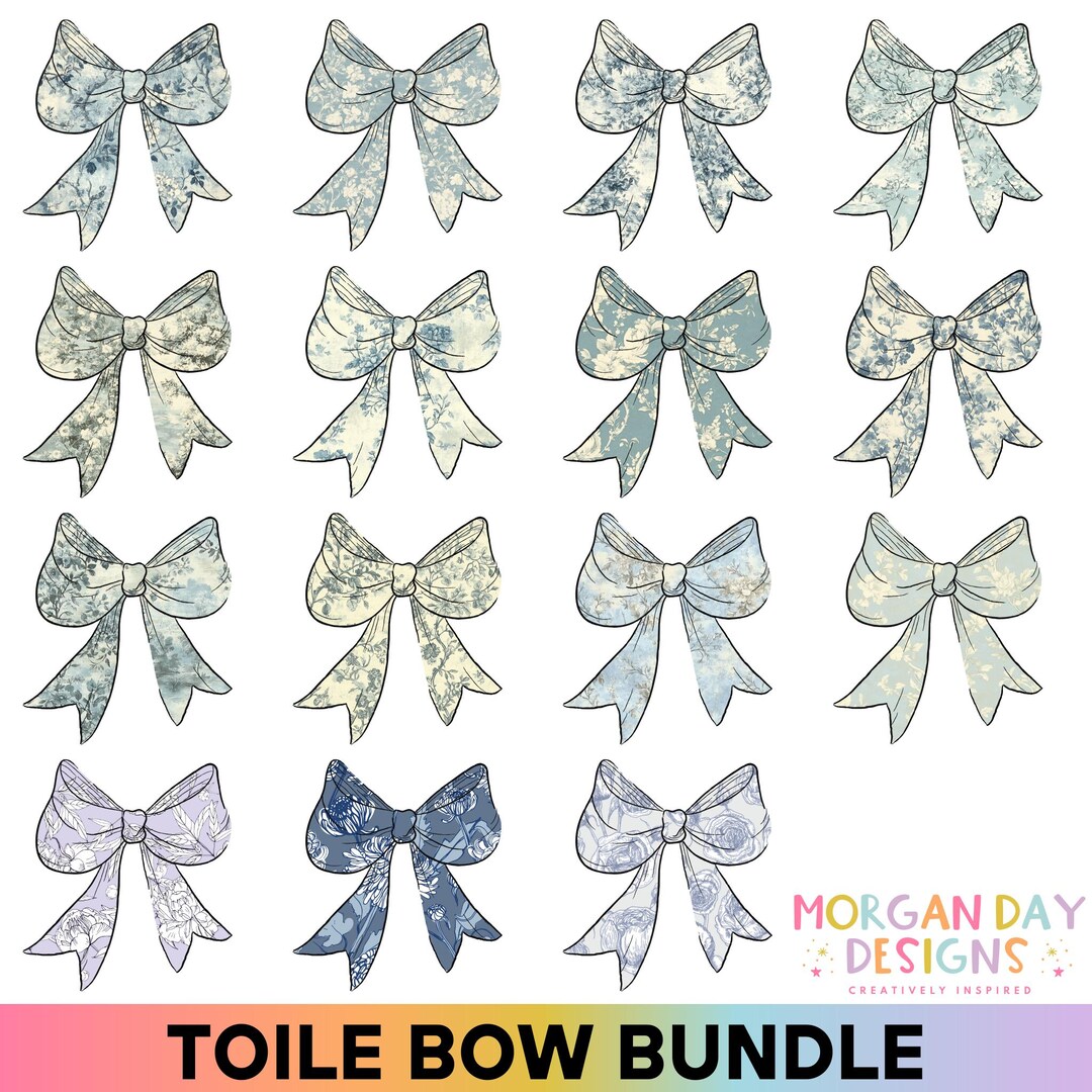 Toile Coquette Bow Bundle PNG, Blue Chinoiserie Floral Bow Clipart ...
