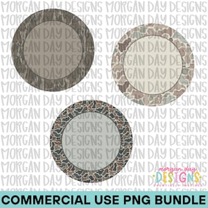 May include: Three circular frames with camouflage patterns in shades of brown, green, and gray. Each frame features a solid, neutral-colored center. The background is overlaid with the repeating text Morgan Day Designs and a logo in the corner.