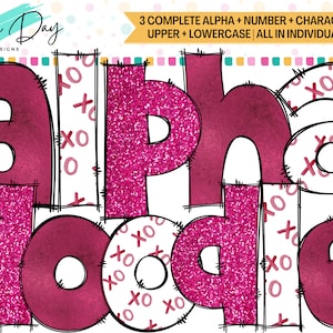 Valentine Alphabet Letters PNG Bundle, Doodle Letters PNG, Sublimation Alphabet Designs, Hand Drawn Alpha Pack, Pink Glitter, Love, Heart