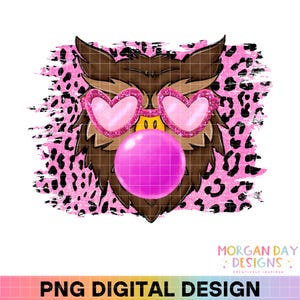 Preppy Owls Mascot PNG, Pink Bubble Gum Mascot, Football PNG Designs, Cheer Png, School Spirit PNG, Pink Sunglasses, Retro, Leopard Print