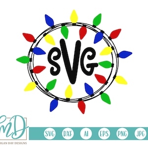 Noël lumières SVG, Noël lumières monogramme SVG, Noël monogramme SVG, svg Noël, guirlande de lumières de Noël, couper des fichiers, Sublimation