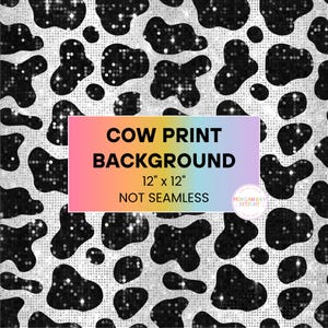 Może przedstawiać: Czarno-białe tło w wzór krowich łatek z błyszczącą fakturą. Tło ma wymiary 30,5 cm na 30,5 cm i nie jest bezszwowe. Na obrazie widnieje tekst "COW PRINT BACKGROUND 12" x 12" NOT SEAMLESS".