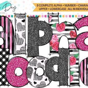 Pacote de letras do alfabeto dos namorados PNG, letras de doodle PNG, designs de alfabeto de sublimação, pacote alfa desenhado à mão, glitter rosa, floral, corações
