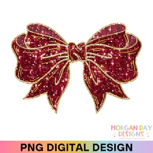 Dark Red Sequin Coquette Bow PNG, Faux Glitter Bow Clipart, Trendy Aesthetic Digital Download for Cricut, Silhouette, Sublimation, DTF