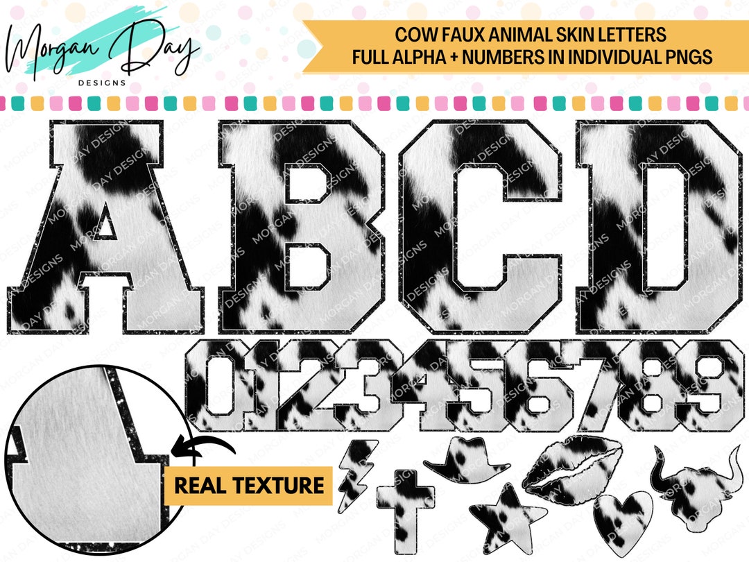 Cow Print Faux Animal Skin Alphabet PNG Varsity Letters, Cow Pattern ...