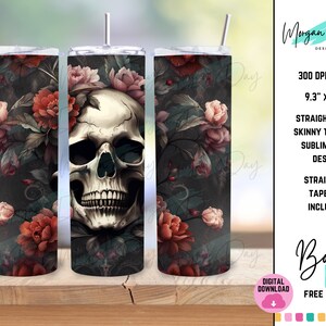 Gothic Skull Tumbler Wrap, Sublimation Design, Tumbler Designs, 20 oz Skinny Tumbler PNG, Tumbler Wrap, Floral Skull Skeleton Tumbler PNG