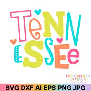 Tennessee SVG, PNG preppy état, tendance PNG, autocollants d'État, chemises d'État, État Svg, estampes ville natale, lettres lumineuses Doodle Png, Cricut