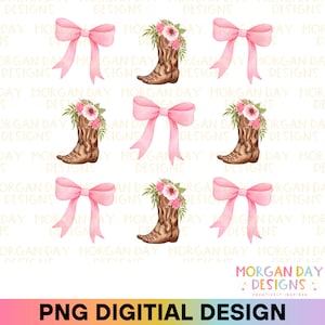 Coquette Cowgirl PNG, Pink Bow Aesthetic PNG, Watercolor Floral Western Boots, Preppy Social Club, Sublimation Design, Digital Download
