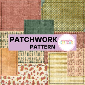 Puede incluir: Un patrón de patchwork digital que presenta una variedad de muestras rectangulares con diversas texturas y estampados, incluyendo rojo sólido, verde, malla dorada, cuadrícula naranja y estampado animal. El texto PATCHWORK PATTERN y morgan day DESIGNS aparece.