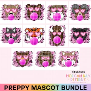 May include: A set of 11 digital clipart images featuring various animal mascots wearing pink heart-shaped sunglasses and blowing pink bubble gum. The mascots are set against a pink and black leopard print background.