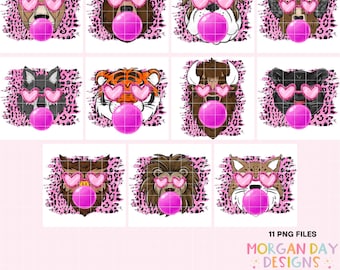 Preppy mascotte png-bundel, roze kauwgommascotte, voetbal png-ontwerpen, cheer png, schoolgeest png, roze zonnebril, retro, luipaardprint