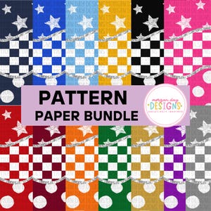 May include: A digital pattern paper bundle featuring twelve vertical panels in various colours including navy, blue, yellow, black, pink, red, maroon, orange, green, gold, purple, and grey. Each panel displays a checkered pattern, white stars, and a silver glitter wave with white polka dots. The text reads PATTERN PAPER BUNDLE and morgan day DESIGNS.