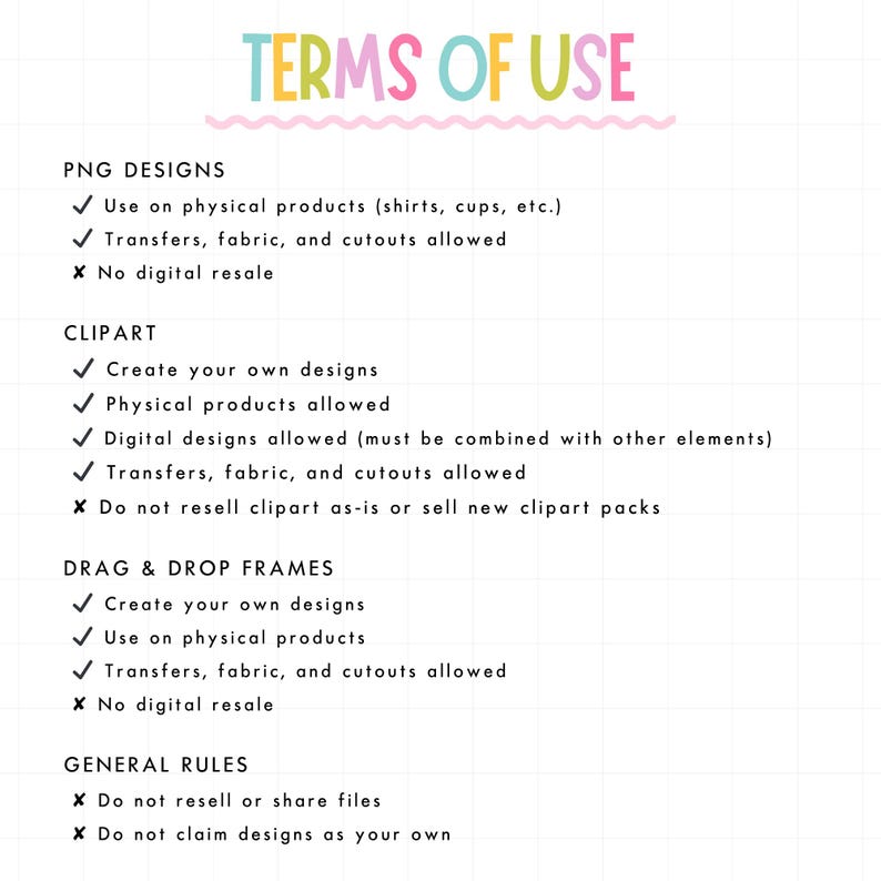 Puede incluir: Un fondo blanco con el texto "TERMS OF USE" en letras coloridas. La imagen enumera las reglas para dise&ntilde;os PNG, im&aacute;genes predise&ntilde;adas, marcos de arrastrar y soltar y reglas generales. El texto incluye lo que est&aacute; permitido y no permitido para cada tipo de dise&ntilde;o.