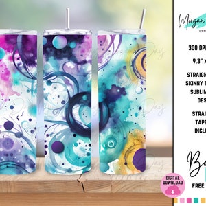 Alcohol Ink Tumbler Wrap, Purple Teal Sublimation Design, Colorful Tumbler Designs, 20 oz Skinny Tumbler PNG, Paint Splatter Tumbler Design