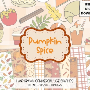 Fall Clipart, Pumpkin Spice Svg, Autumn, Coffee, Latte, Leaves, Commercial Use Graphics, Png Files for Sublimation, Hand Drawn, Svg Files