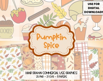 Fall Clipart, Pumpkin Spice Svg, Autumn, Coffee, Latte, Leaves, Commercial Use Graphics, Png Files for Sublimation, Hand Drawn, Svg Files