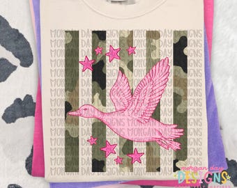 Pink Duck PNG Design, Preppy Camo Stripes, Girly Hunting Graphic, Flying Bird Sublimation