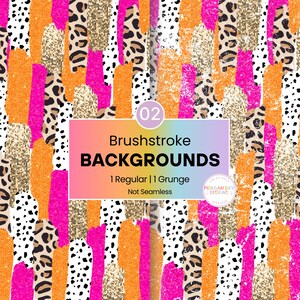 May include: A digital paper pack with two seamless patterns featuring brushstrokes in orange, pink, and gold with leopard, polka dot, and white backgrounds. The text "Brushstroke Backgrounds" is displayed in a pink and blue gradient box. The text "1 Regular | 1 Grunge" is displayed below the title. The text "Not Seamless" is displayed below the sub-title. The text "MORGAN DAY DESIGNS" is displayed in a circle with a pink and blue gradient background.