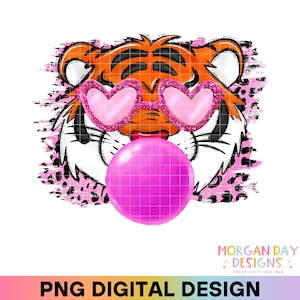 Preppy Tigers Mascot PNG, Pink Bubble Gum Mascot, Football PNG Designs, Cheer Png, School Spirit PNG, Pink Sunglasses, Retro, Leopard Print