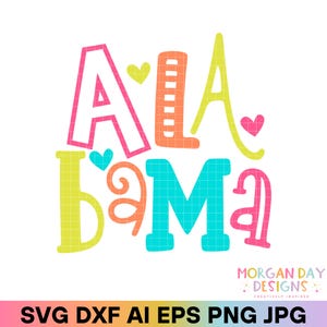 Alabama SVG, PNG preppy état, PNG à la mode, autocollants d'État, chemises d'État, Svg d'État, estampes ville natale, lettres Doodle lumineuses Png, Dxf, Cricut