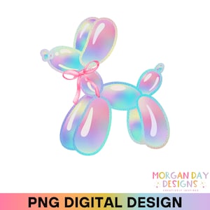May include: A rainbow iridescent balloon animal shaped like a dog with a pink ribbon around its neck.