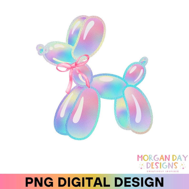 May include: A rainbow iridescent balloon animal shaped like a dog with a pink ribbon around its neck.