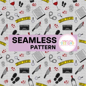 May include: A seamless pattern featuring crime scene illustrations on a light gray background. Icons include yellow crime scene tape, handcuffs, knives, police department signs, magnifying glasses, wine glasses, footprints, and fingerprints.