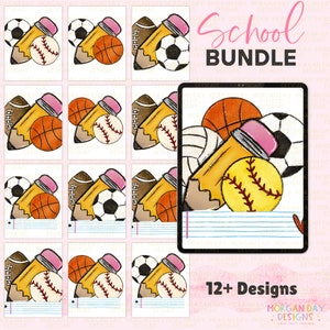 Pacote PNG de volta às aulas, esportes escolares, primeiro dia de aula, lápis de bolas esportivas, professor, crianças, download digital, arquivos Cricut de silhueta