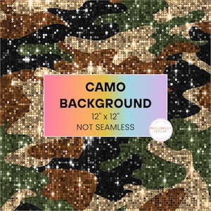 May include: A 12-inch by 12-inch camo background with a glittery finish. The background is not seamless. The text "CAMO BACKGROUND" and "NOT SEAMLESS" is printed on the image.