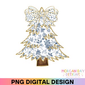 Chinoiserie Coquette Glitter Christmas Tree PNG, Brushstroke Tree Png, Glam Christmas, Blue, Dalmatian Dots Png, Cute Girly Christmas