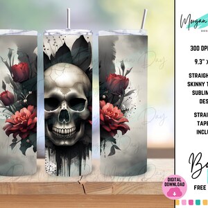 Gothic Skull Tumbler Wrap, Sublimation Design, Tumbler Designs, 20 oz Skinny Tumbler PNG, Tumbler Wrap, Floral Skull Skeleton Tumbler PNG