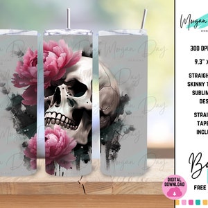 Gothic Floral Skull Tumbler Wrap, Sublimation Design, Tumbler Designs, 20 oz Skinny Tumbler PNG, Tumbler Wrap, Skull Skeleton Tumbler PNG