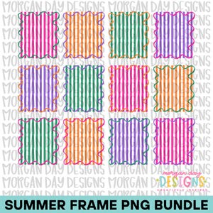 May include: A collection of colorful, vertical striped frames with scalloped edges. The frames feature various color combinations, including pink, orange, green, and purple. The text "SUMMER FRAME PNG BUNDLE" is at the bottom. The design is by Morgan Day Designs.