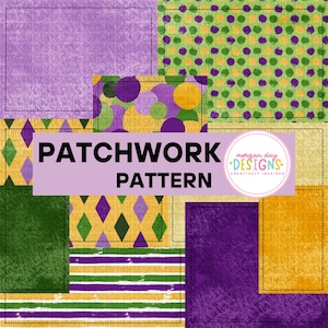 Könnte beinhalten: Ein digitales Patchwork-Muster mit verschiedenen Abschnitten aus violetten, grünen und goldenen Texturen. Die Designs umfassen Punkte, Rauten und horizontale Streifen. Das Bild enthält den Text PATCHWORK PATTERN und ein Logo von Morgan Day Designs.