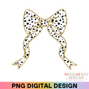 May include: A gold glitter bow with a black and white polka dot pattern. The bow is tied in a knot and the tails are flowing.