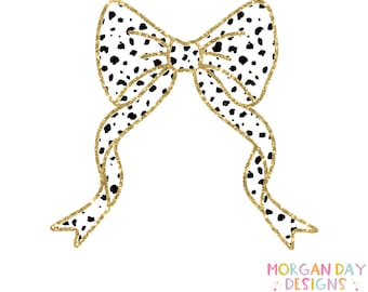 Dalmatische print coquette Bow PNG, gouden glitter krullende strik, Glam Christmas digitale download, Cricut sublimatie, silhouet clipart