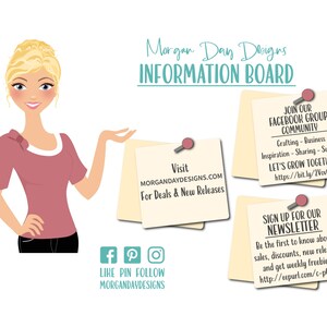 Puede incluir: Una ilustraci&oacute;n de dibujos animados de una mujer se&ntilde;alando una nota adhesiva amarilla con el texto "Visita morgandaydesigns.com para ofertas y nuevos lanzamientos". Hay otras tres notas adhesivas con informaci&oacute;n sobre c&oacute;mo unirse a un grupo de Facebook, registrarse para recibir un bolet&iacute;n informativo y dar me gusta, fijar y seguir la marca en las redes sociales.