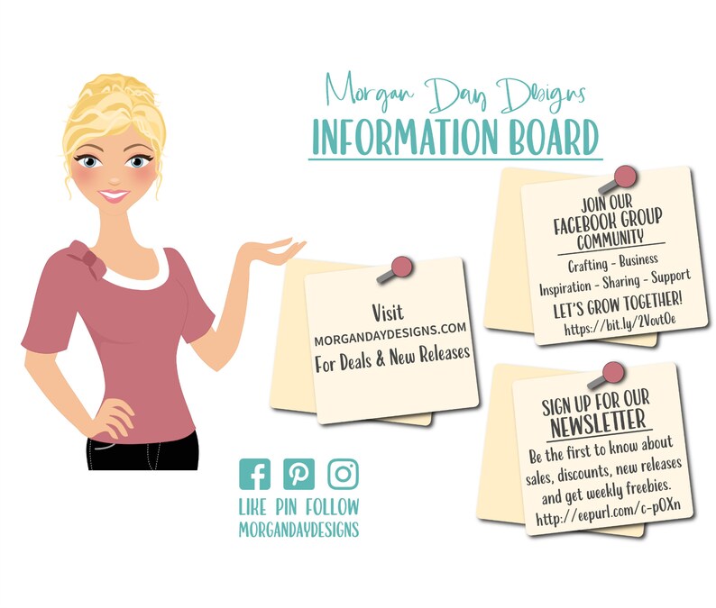 Puede incluir: Una ilustraci&oacute;n de dibujos animados de una mujer se&ntilde;alando una nota adhesiva amarilla con el texto "Visita morgandaydesigns.com para ofertas y nuevos lanzamientos". Hay otras tres notas adhesivas con informaci&oacute;n sobre c&oacute;mo unirse a un grupo de Facebook, registrarse para recibir un bolet&iacute;n informativo y dar me gusta, fijar y seguir la marca en las redes sociales.