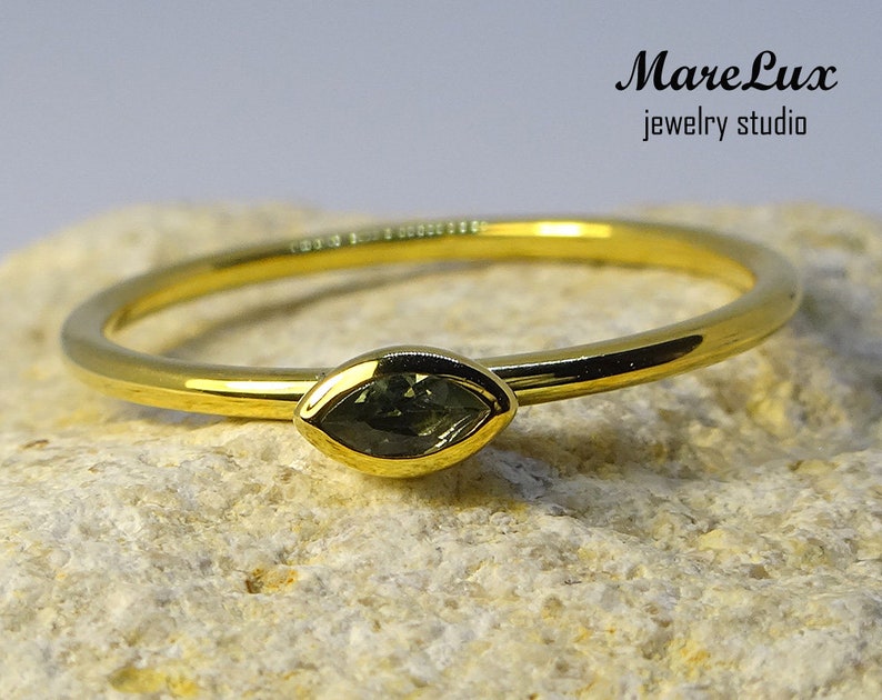 9K Solid Gold Marquise Tourmaline Ring October Birthstone Gold Ring Synthetic Green Tourmaline Ring Stackable Tourmaline 9K Solid Gold Ring