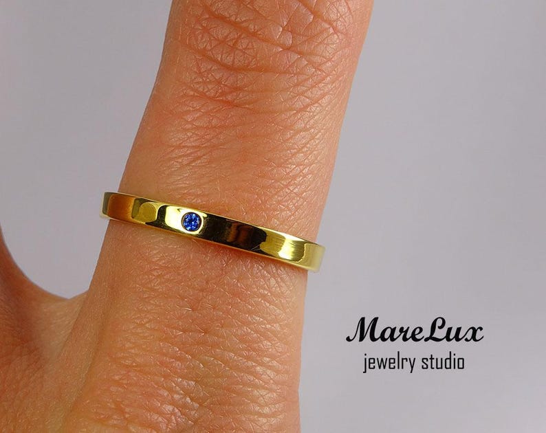 September Jewelry Synthetic Sapphire Yellow Gold Band 1.5 mm Round Cut Blue Sapphire 24K Gold Plated Ring Tiny Sapphire Gold Band
