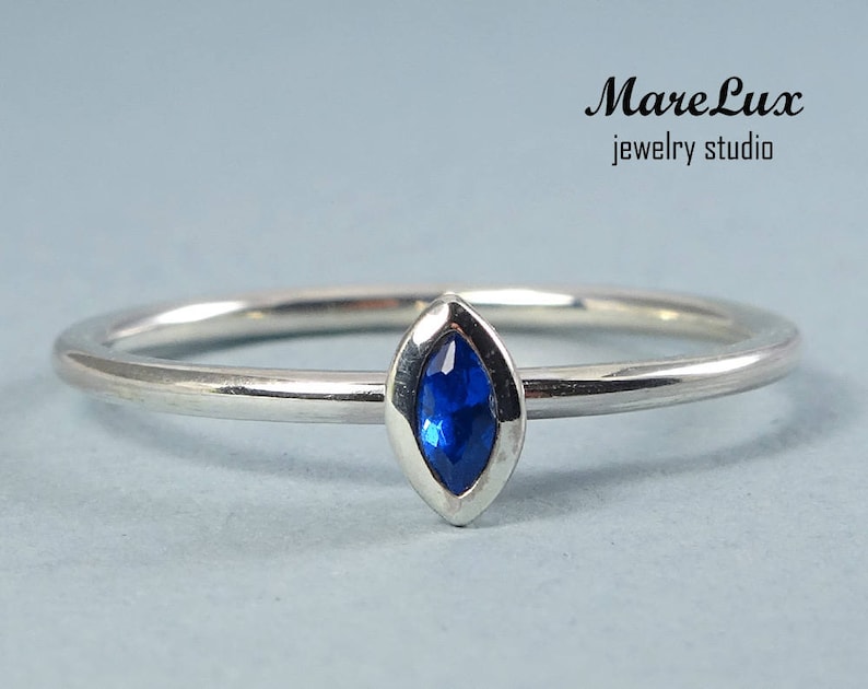 Stacking Silver Marquise Cut Sapphire Ring Sapphire Marquise Silver Ring Synthetic Blue Sapphire Marquise Ring September Birthstone Ring