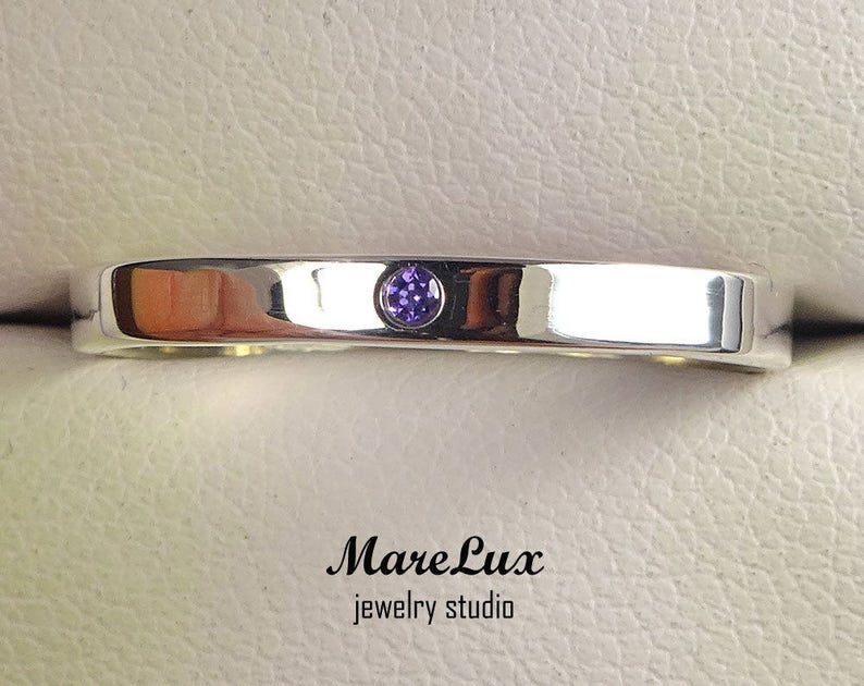 February Birthstone Synthetic Amethyst Band 1.5 mm Violet Cubic Zirconia Ring Thin Amethyst Gemstone Band Amethyst Sterling Silver Band