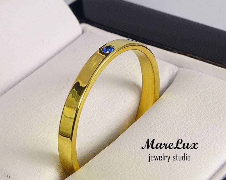 September Jewelry Synthetic Sapphire Yellow Gold Band 1.5 mm Round Cut Blue Sapphire 24K Gold Plated Ring Tiny Sapphire Gold Band
