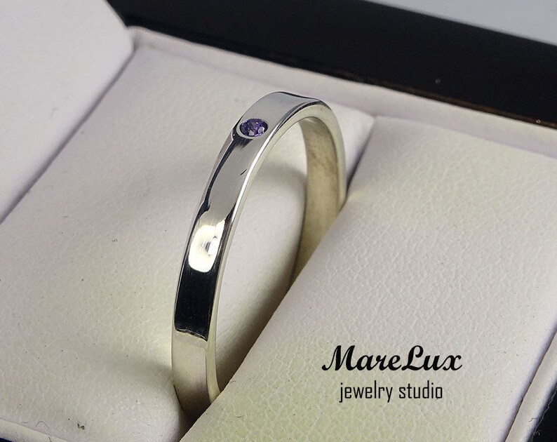 February Birthstone Synthetic Amethyst Band 1.5 mm Violet Cubic Zirconia Ring Thin Amethyst Gemstone Band Amethyst Sterling Silver Band